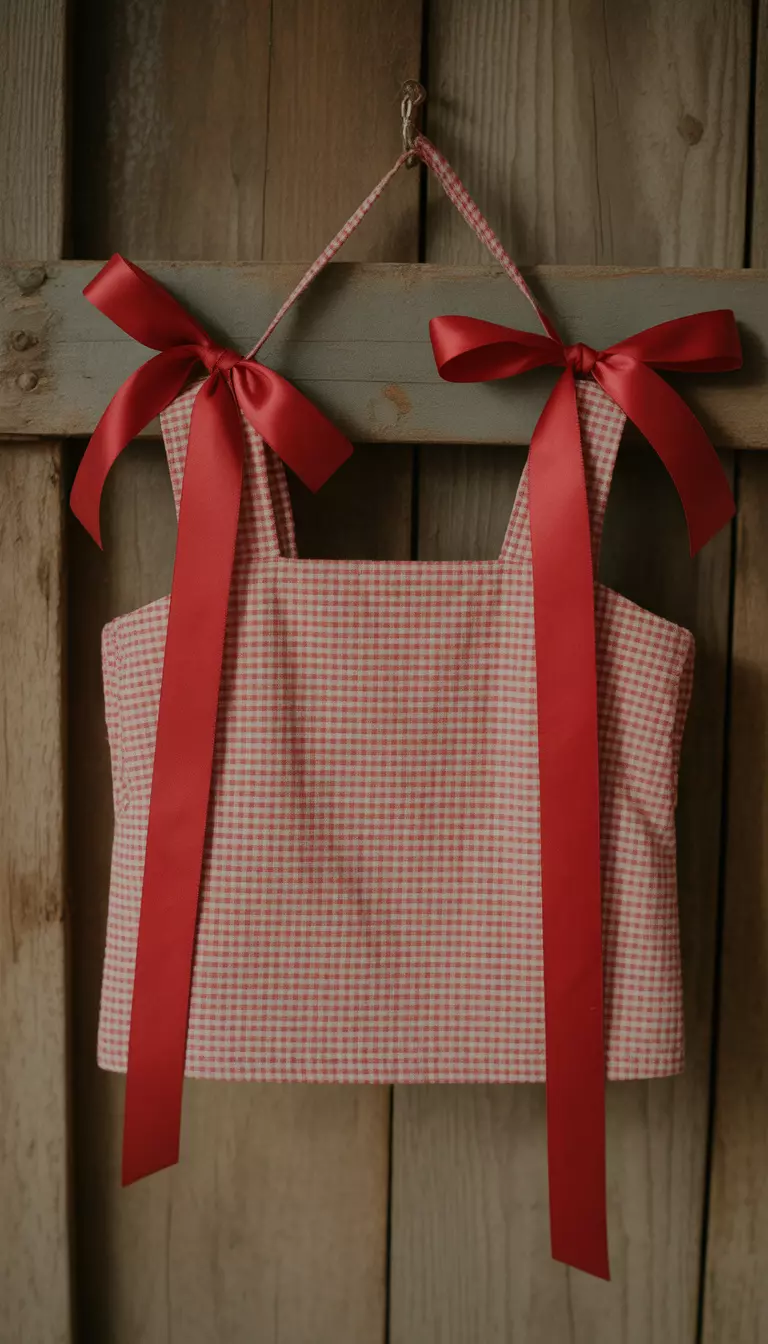 A realistic photo of a red and white gingham print babydoll top featuring a square neckline and adjustable shoulder ties made of matching red satin ribbons, hanging against a rustic wooden background.