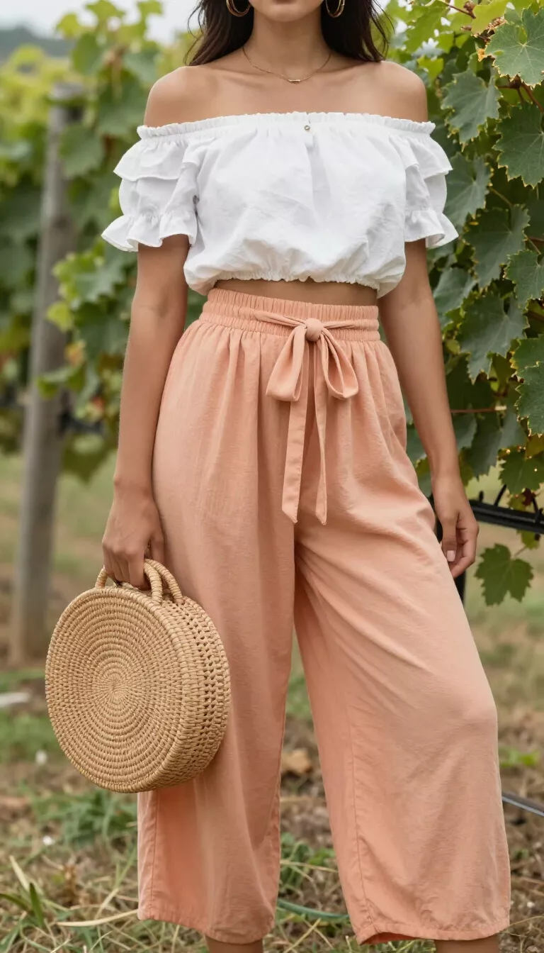 A realistic photo of a woman wearing a white off-the-shoulder ruffle crop top and peach tie-waist palazzo pants, holding a round woven bag near a vineyard.