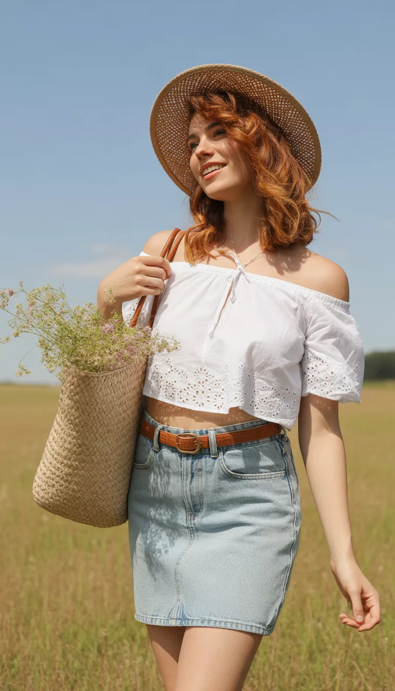 A realistic photo of a woman in a white off-the-shoulder eyelet crop top, light wash denim mini skirt with a brown belt, straw hat, and carrying a woven bag.