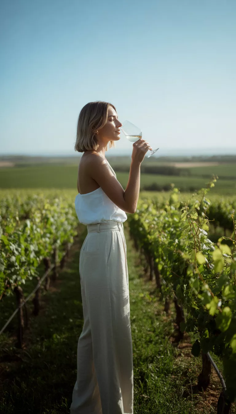 A realistic photo of a woman in a white strapless top tucked into high-waisted wide-leg light-colored trousers, holding a glass of white wine in a vast vineyard.