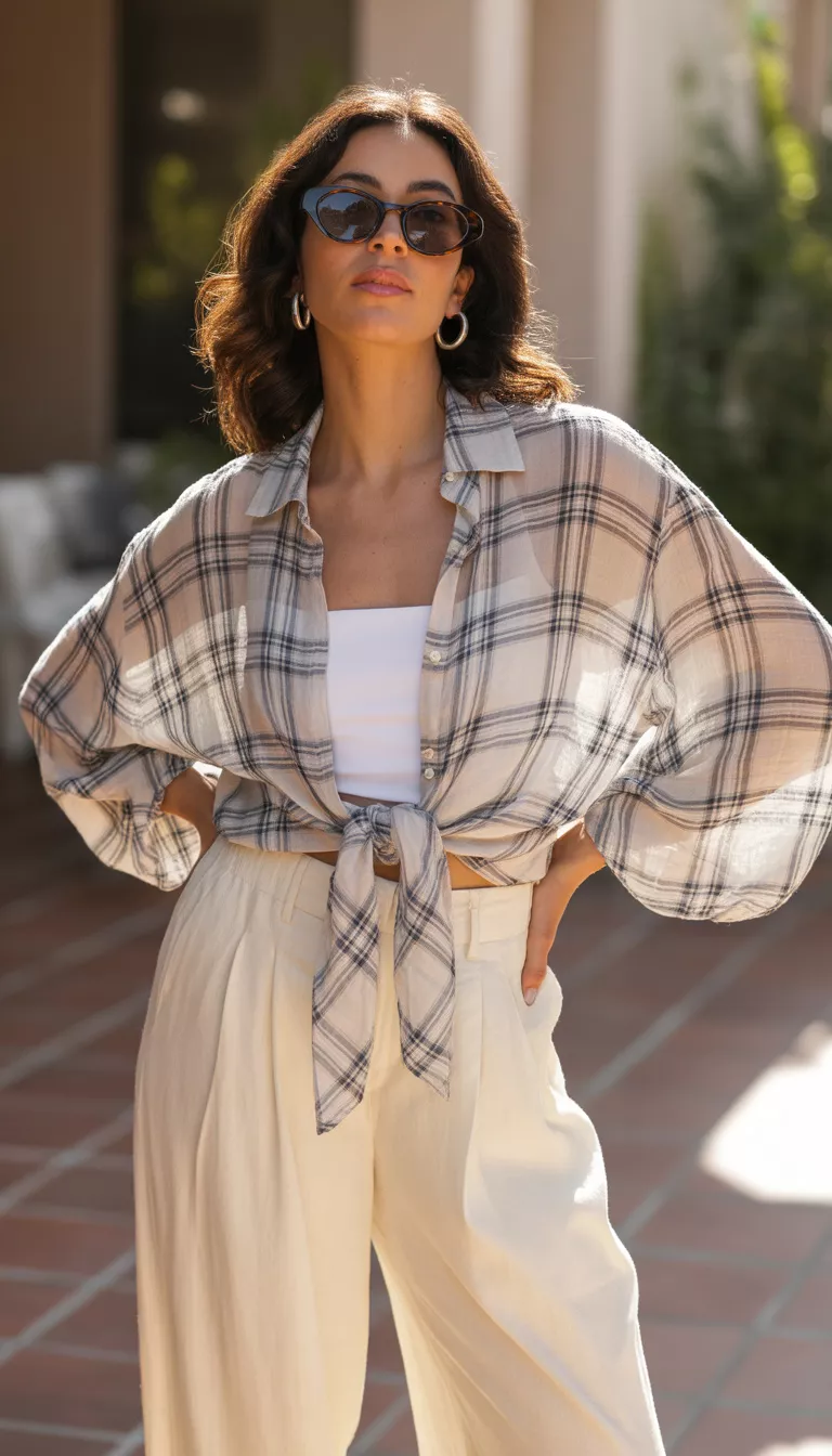 A realistic photo of a woman in a sheer tie-front plaid-patterned shirt with billowing sleeves, worn over a white bandeau, with wide-leg cream trousers and sunglasses.