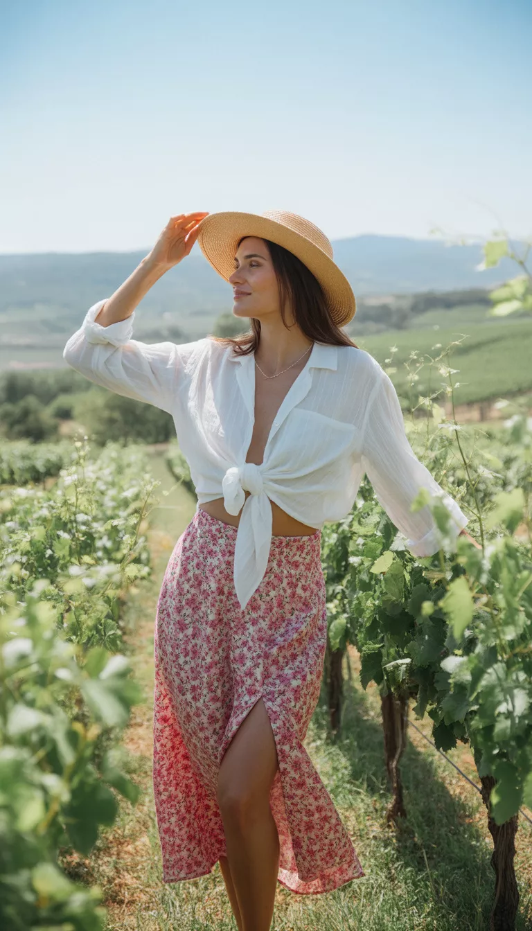 A realistic photo of a woman in a white knotted button-up shirt over a pink and white floral high-slit midi skirt, with a straw hat in a sunlit vineyard.