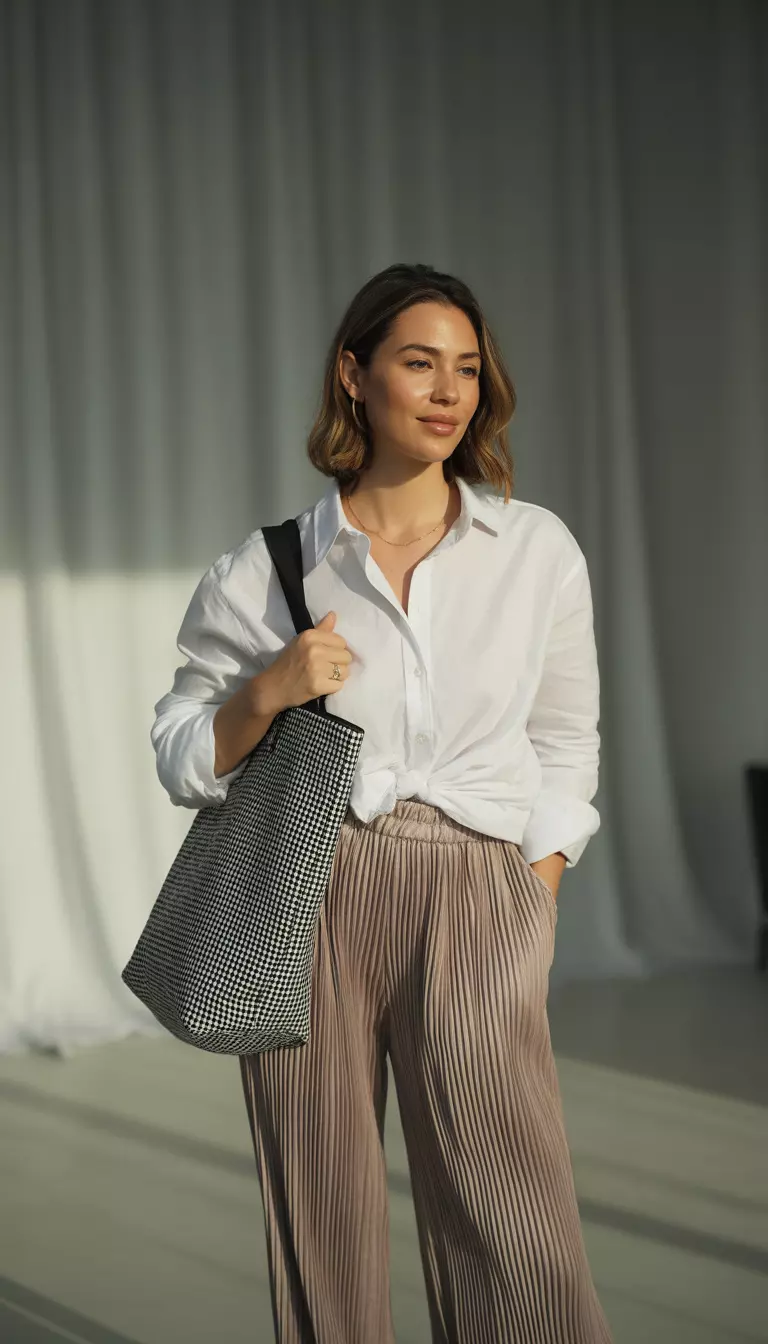 A realistic photo of a woman wearing a loose white button-down shirt tucked into taupe pleated wide-leg trousers, carrying a black and white checkerboard tote bag.