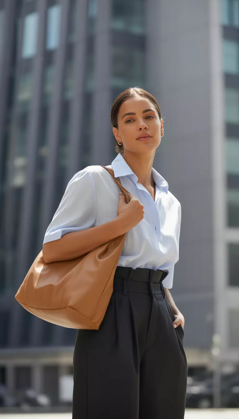 A realistic photo of a woman wearing a flowy light blue short-sleeved collared shirt partially tucked into high-waisted black paperbag waist trousers, carrying a large tan leather shoulder bag.