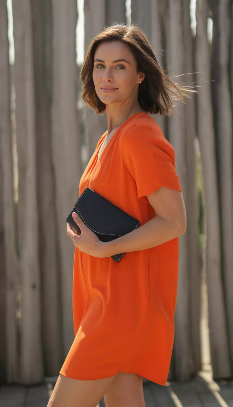 A realistic photo of a woman outdoors wearing a vibrant bright orange short-sleeved shift dress that falls above the knee, holding a small clutch against a wooden background.