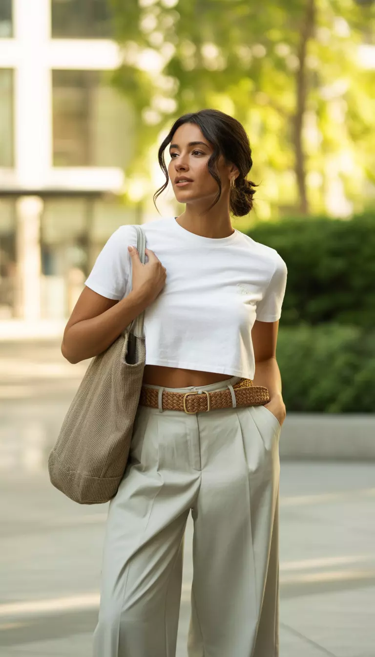 A realistic photo of a woman wearing a white cropped t-shirt and high-waisted light beige wide-leg trousers, cinched with a brown patterned belt, accessorized with a large canvas bag.