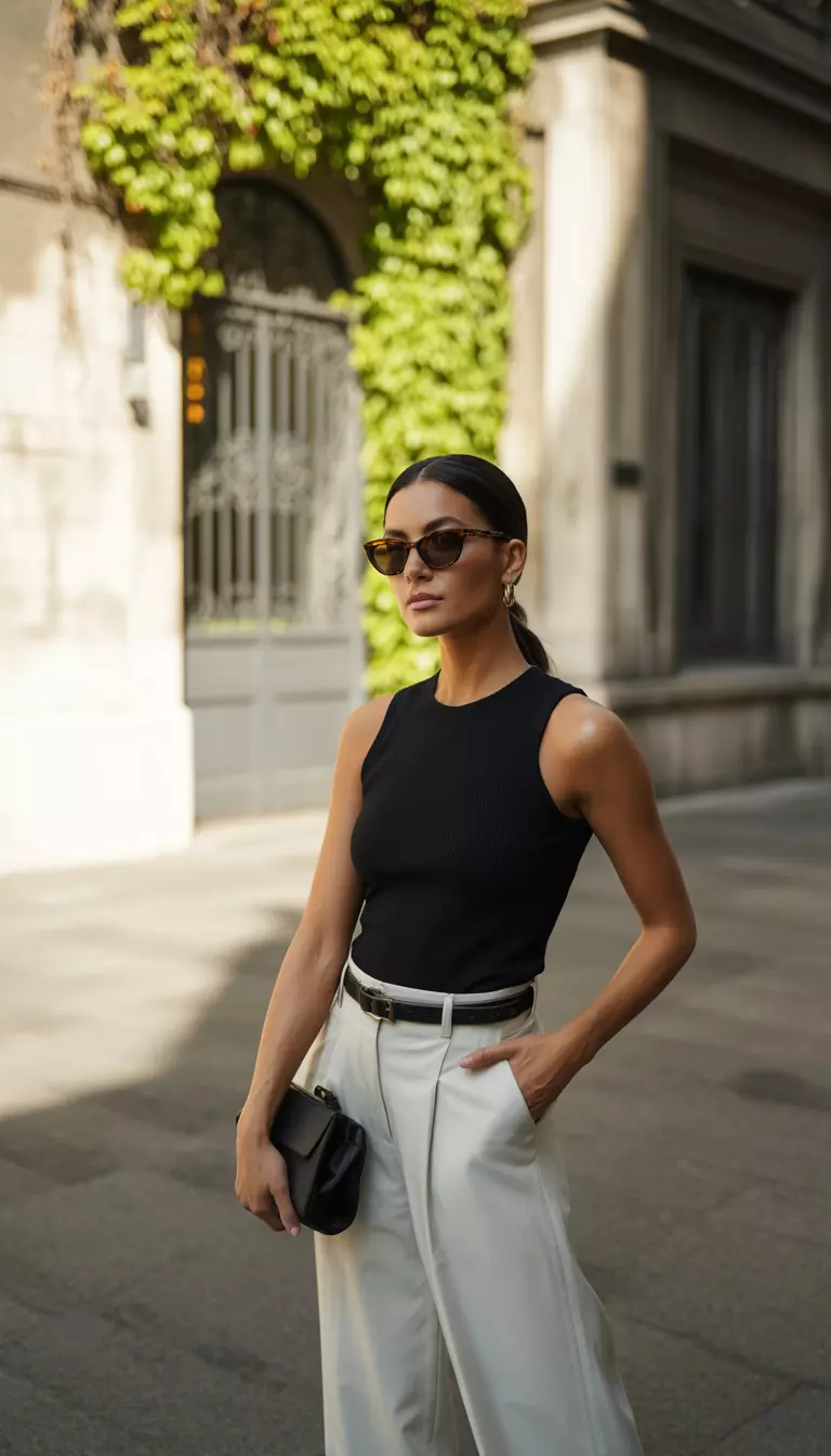 A realistic photo of a woman outdoors wearing a fitted black sleeveless top, wide-leg white trousers with a black leather belt, and dark sunglasses, holding a small black structured bag.