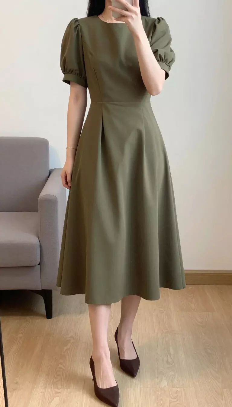 A realistic photo of a woman taking a mirror selfie wearing a midi-length olive green dress with short puffed sleeves and a full skirt, paired with dark pointed-toe heels in a stylish room.