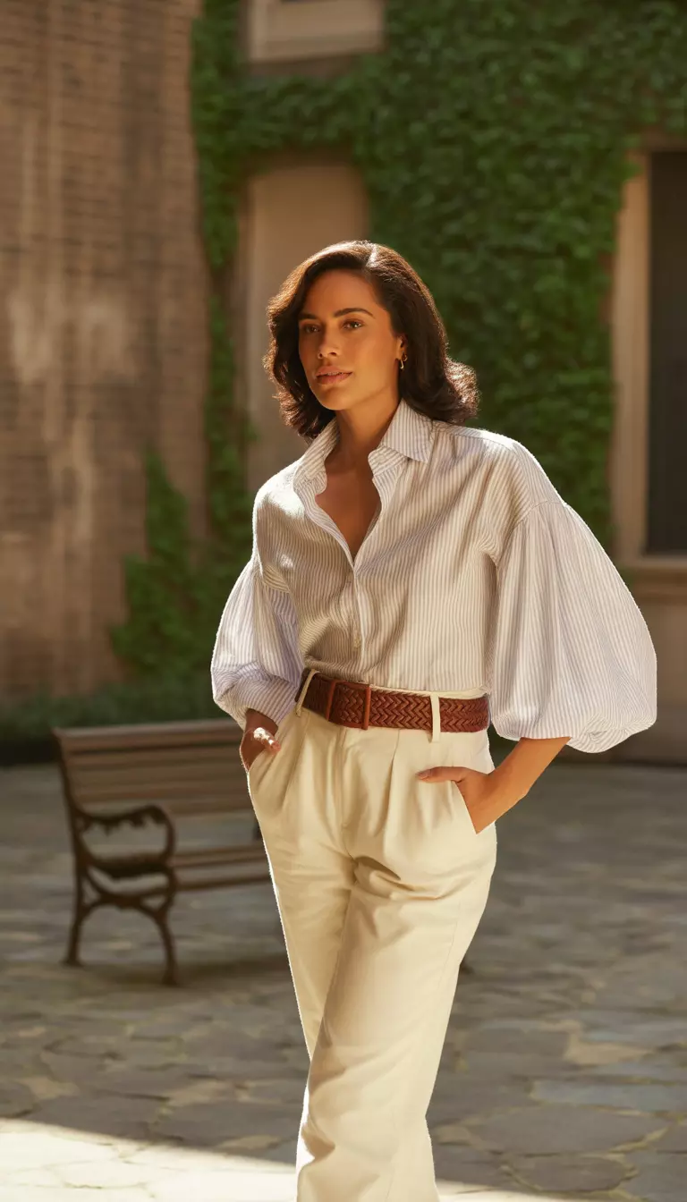 A realistic photo of a woman wearing a light-colored striped collared shirt with voluminous sleeves, belted with a brown woven belt, tucked into high-waisted cream chinos.