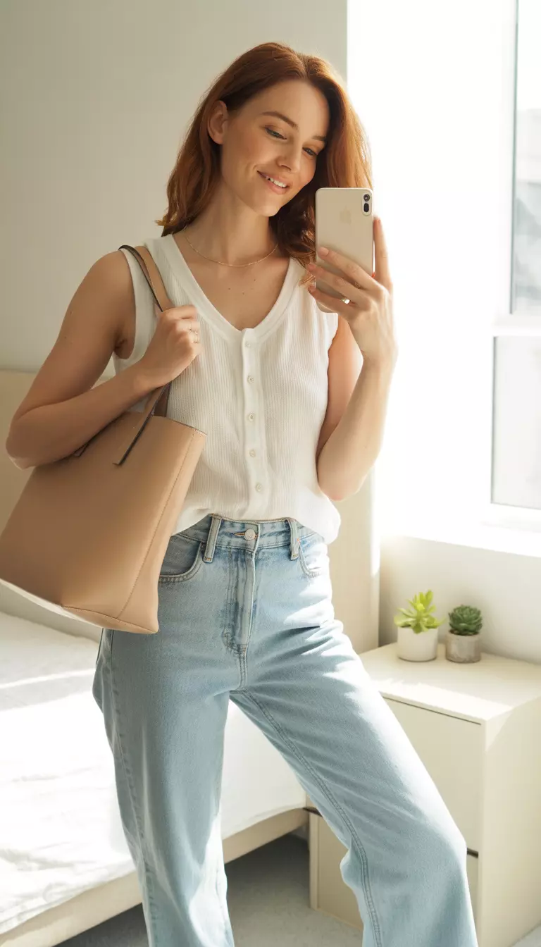 A realistic photo of a woman taking a mirror selfie wearing a white button-front sleeveless knit top tucked into light wash high-waisted flared jeans, holding a neutral-toned leather tote bag.