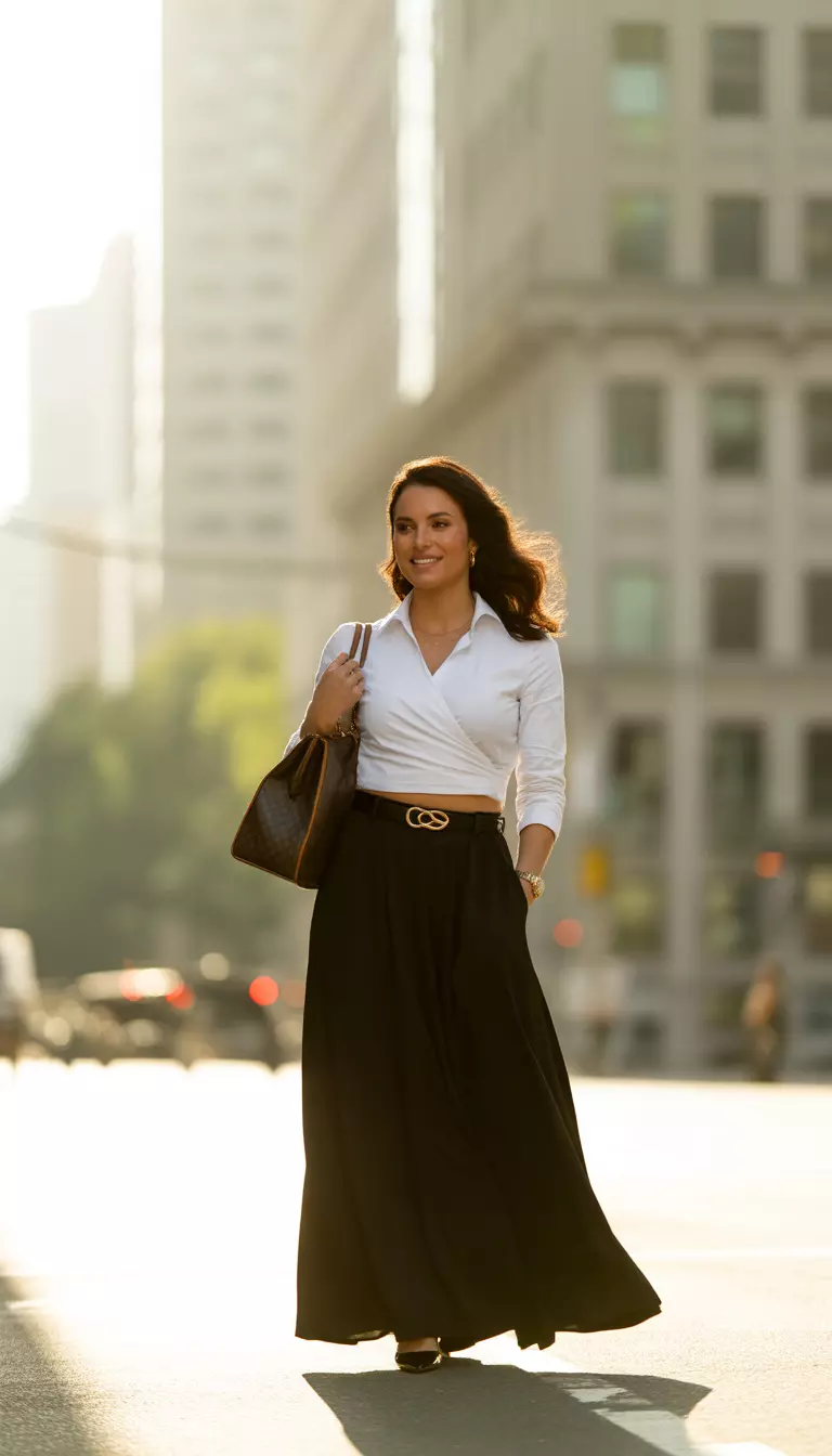 A realistic photo of a woman wearing a white crisscross wrap shirt tucked into a long high-waisted black maxi skirt with a gold-buckled belt and a brown structured handbag.