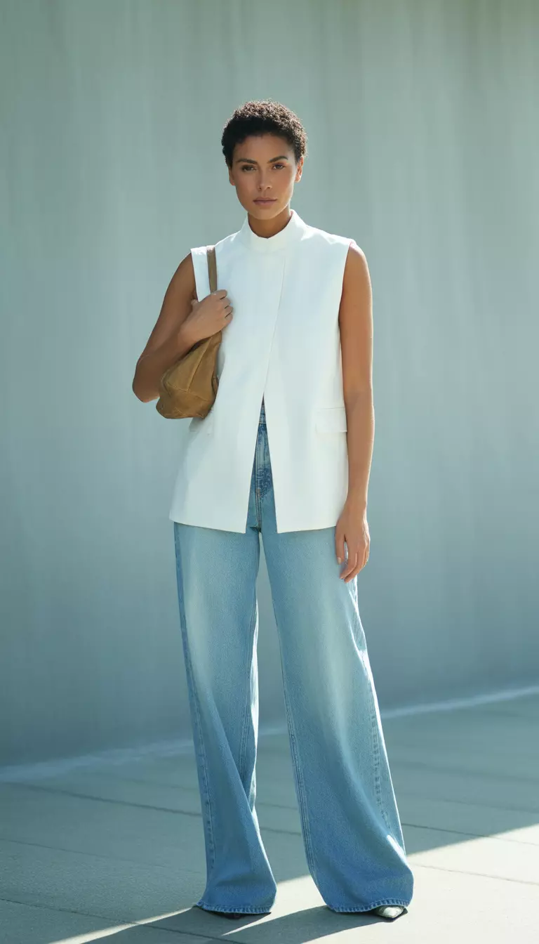 A realistic photo of a woman wearing a white structured collarless sleeveless top with an asymmetrical front slit, paired with light-wash wide-leg denim trousers, carrying a small brown leather bag.