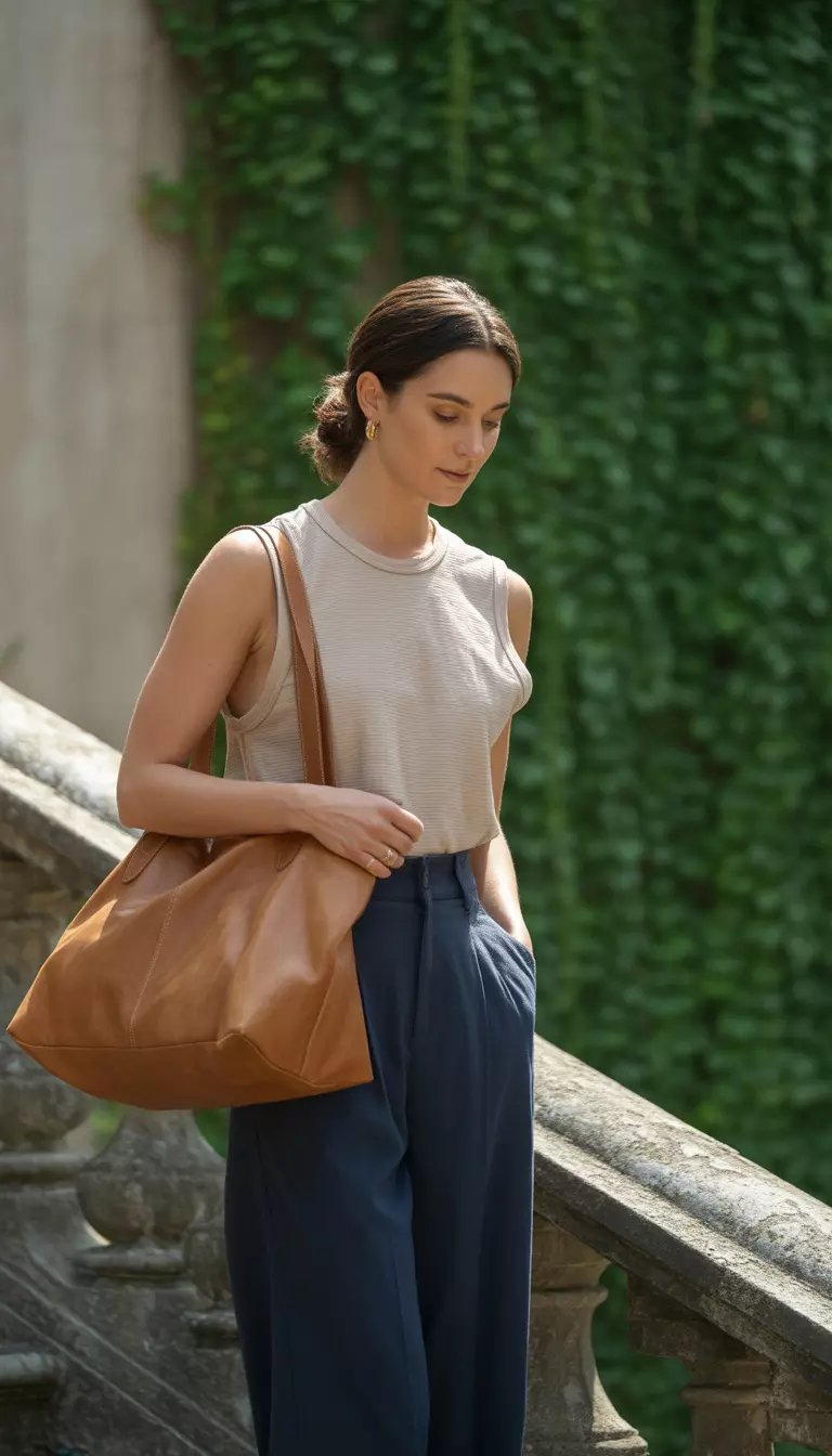 A realistic photo of a woman standing on stone steps wearing a beige sleeveless muscle tee tucked into navy wide-leg trousers, carrying a large tan leather tote bag.