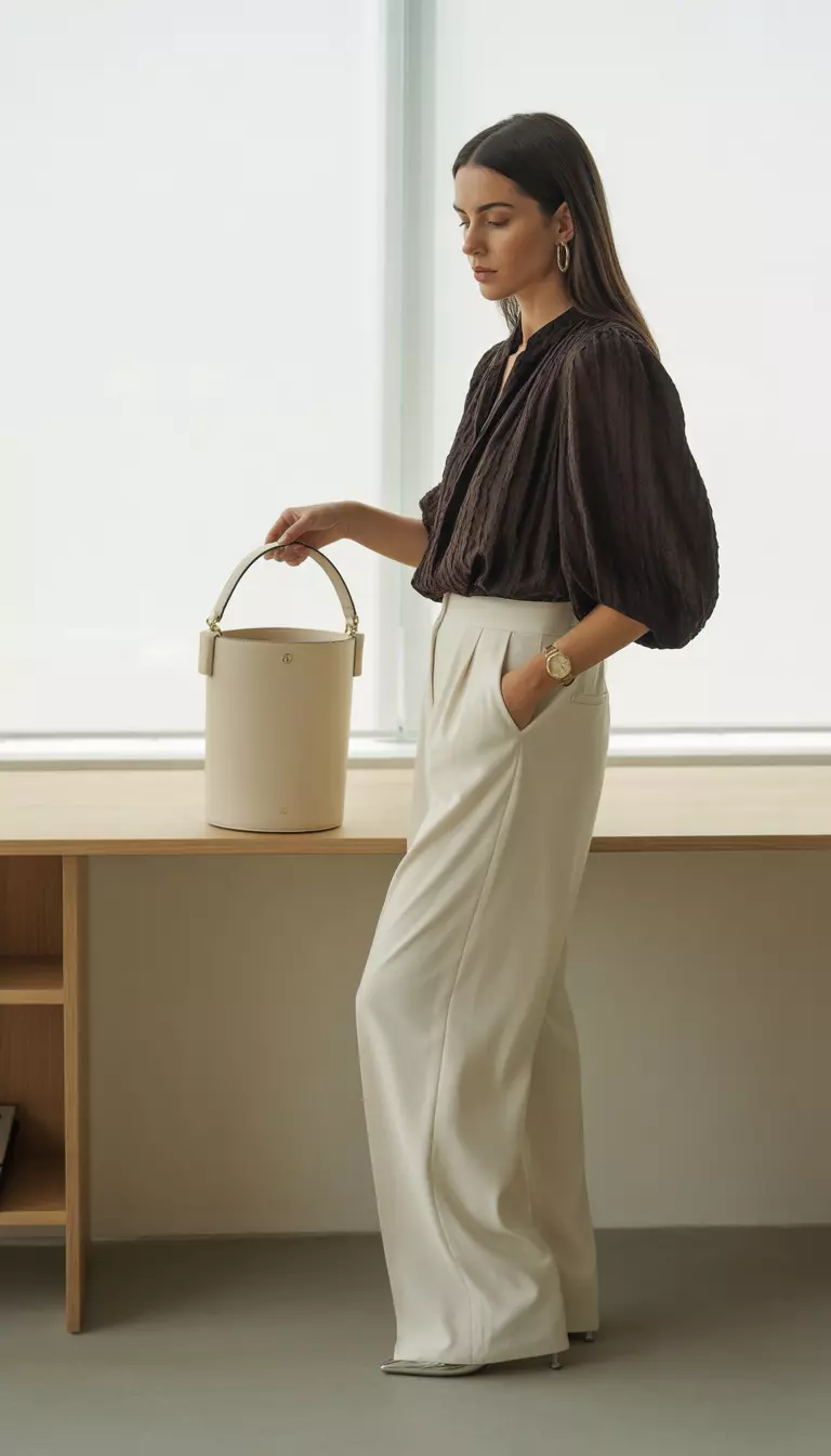 A realistic photo of a woman wearing a dark brown textured puff-sleeve blouse tucked into flowy white wide-leg trousers, holding a tall cream-colored leather bucket bag while standing next to a modern office desk.