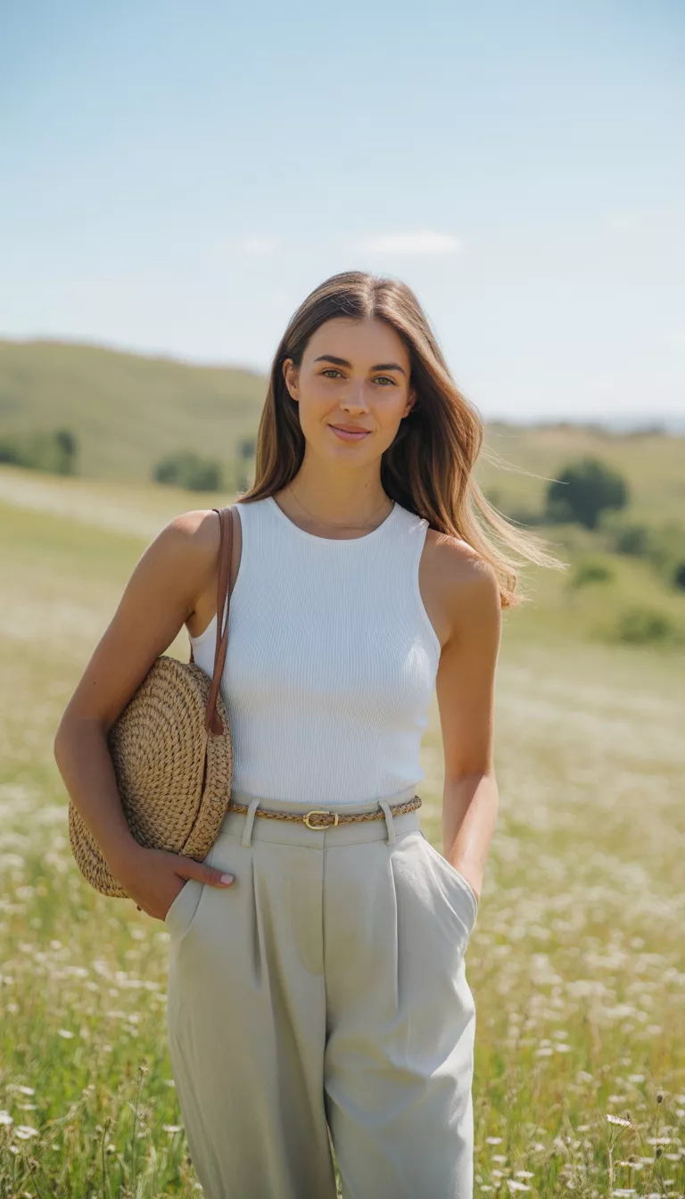 A beautiful woman in a white ribbed tank top, high-waisted beige trousers with a gold belt, and a round straw bag, poses outdoors.