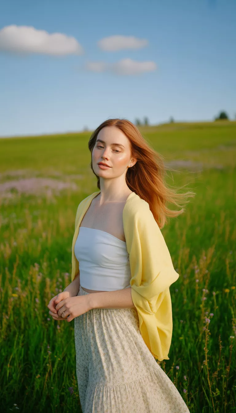 A beautiful woman in a white bandeau top, yellow cardigan, and long white floral skirt, stands in a lush, green outdoor meadow.