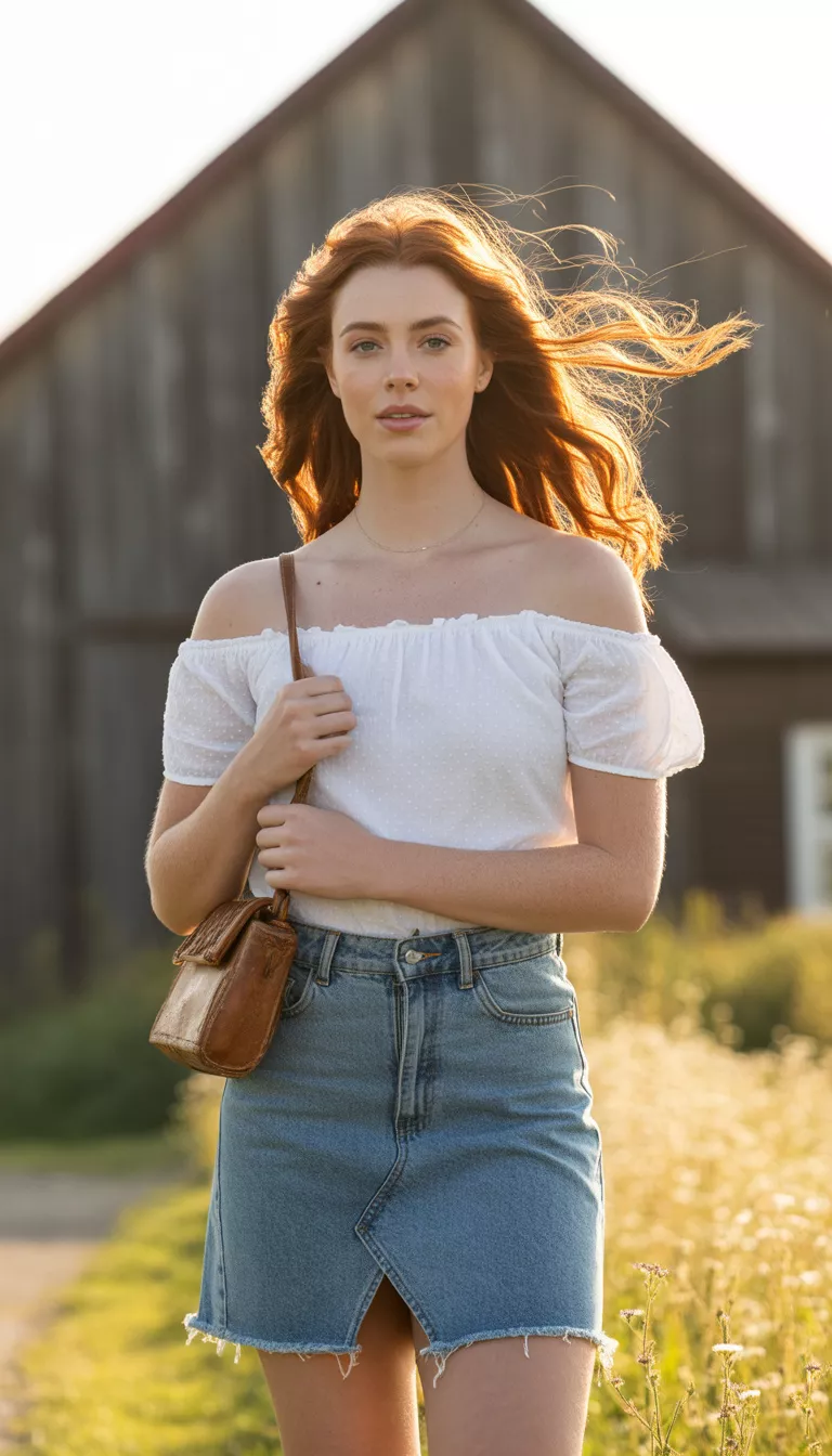 A beautiful woman in a white off-the-shoulder ruffled top, frayed hem denim mini skirt, and a small brown bag, stands with wind-blown hair.