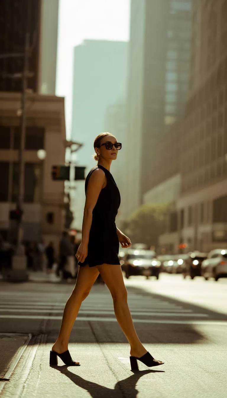 A beautiful woman in a black sleeveless romper, black sunglasses, and black block-heel mules, walks on a city sidewalk with tall buildings.