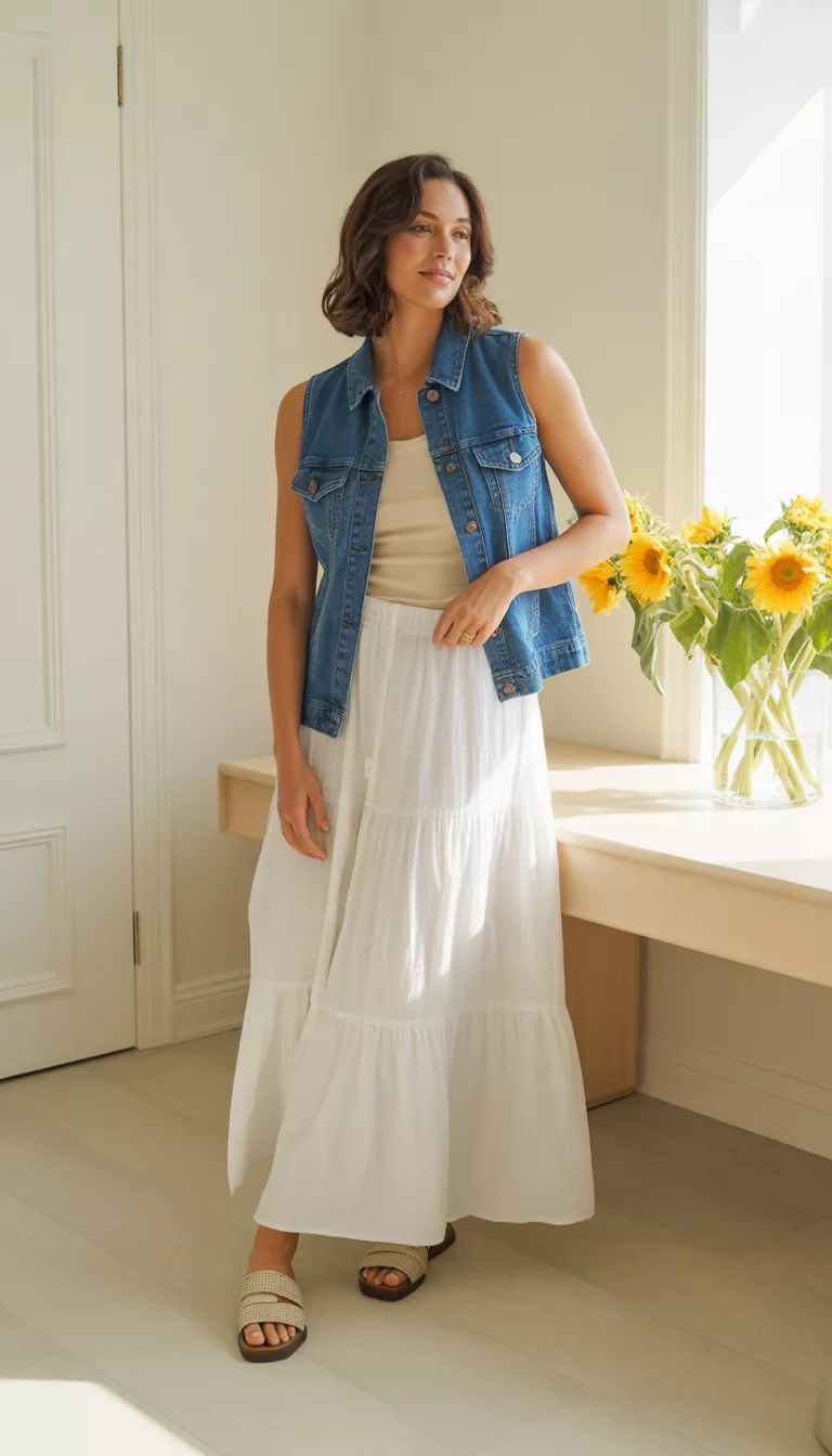 A beautiful woman in a blue denim vest, white tiered maxi skirt, and brown slide sandals, stands in a bright, neutral-toned indoor setting.