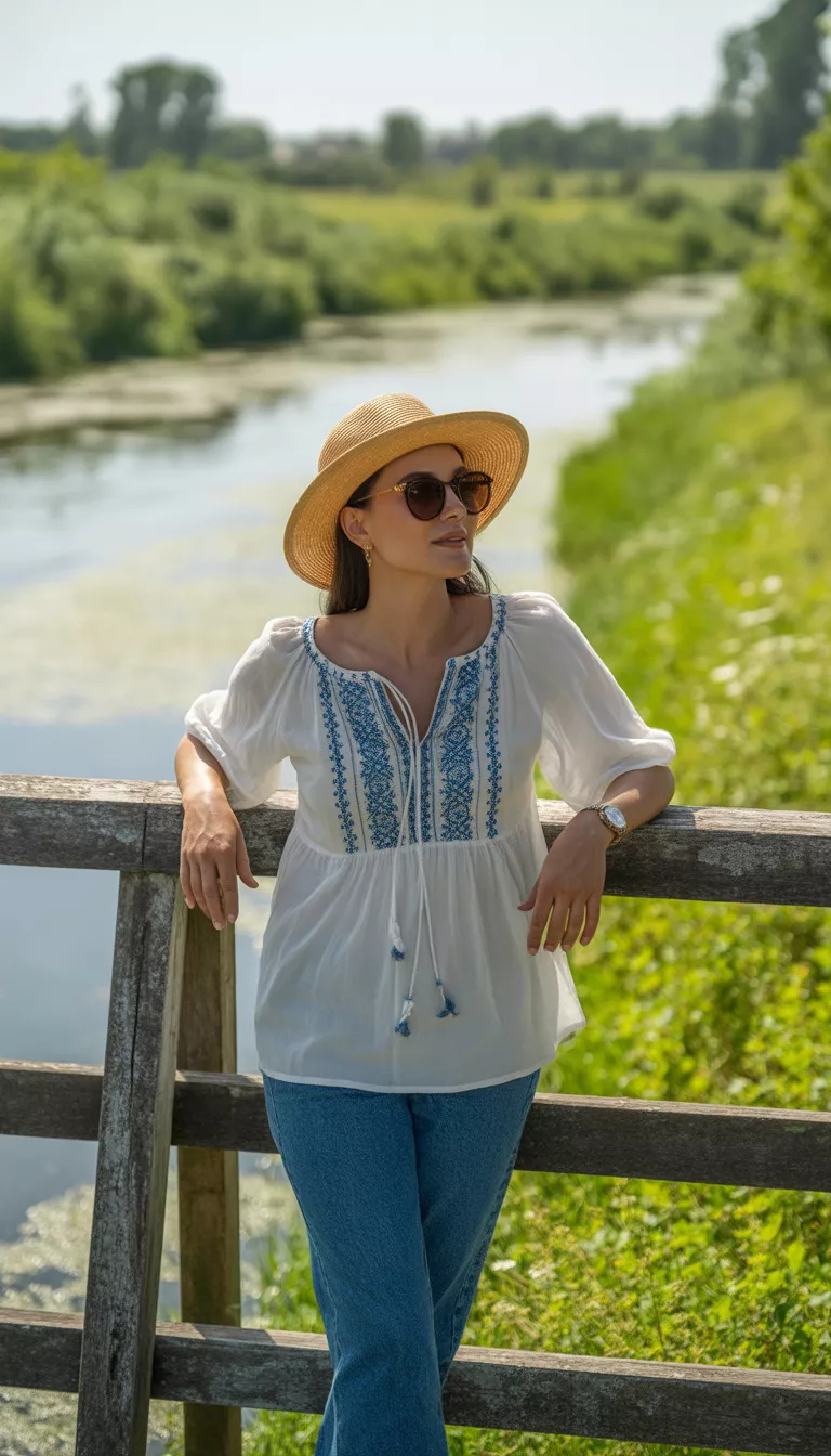 A beautiful woman in a straw sun hat, black sunglasses, a white peasant top with blue embroidery, and blue jeans, stands on a bridge.
