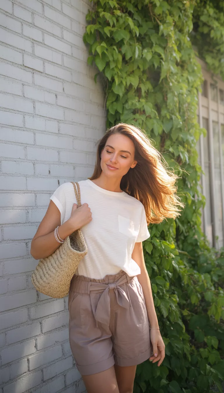 A beautiful woman in a white t-shirt, brown high-waisted tie shorts, and a straw bag, poses casually outdoors against a light-colored wall.