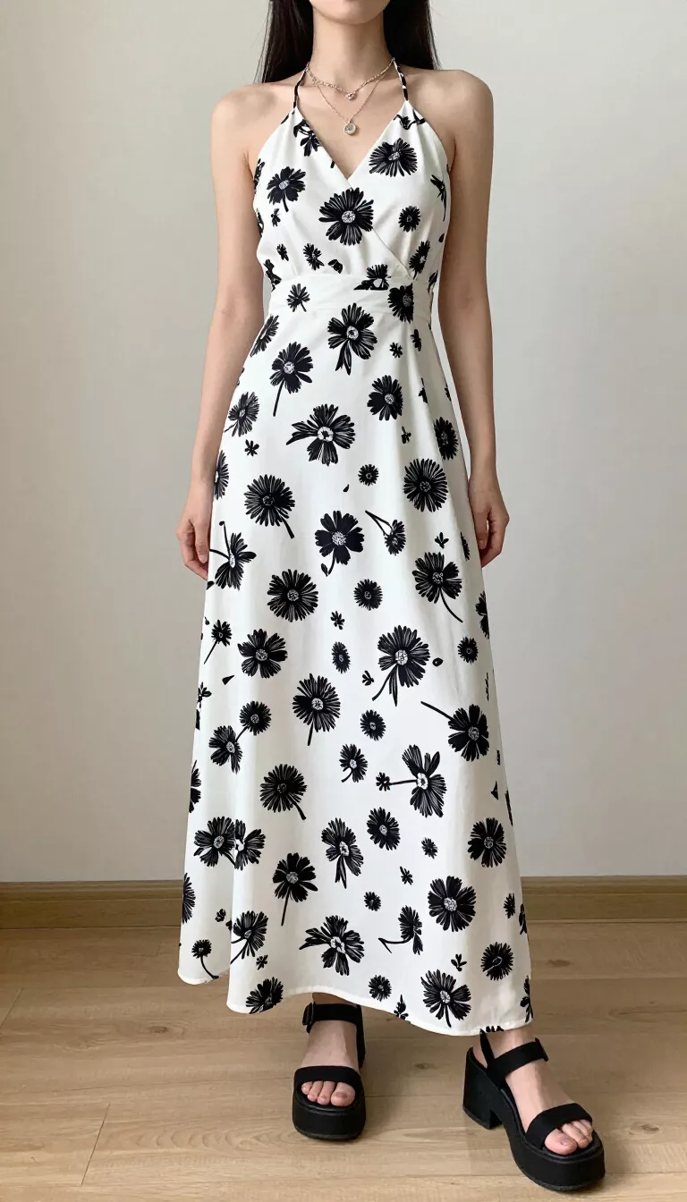 A beautiful woman in a white halter maxi dress with black floral daisy print and black platform sandals, standing indoors on a light wood floor.