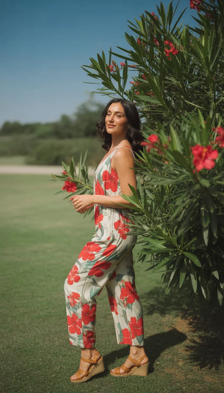 A beautiful woman in a tropical print jumpsuit with red flowers and tan wedge sandals, standing in a grassy area near an oleander bush.