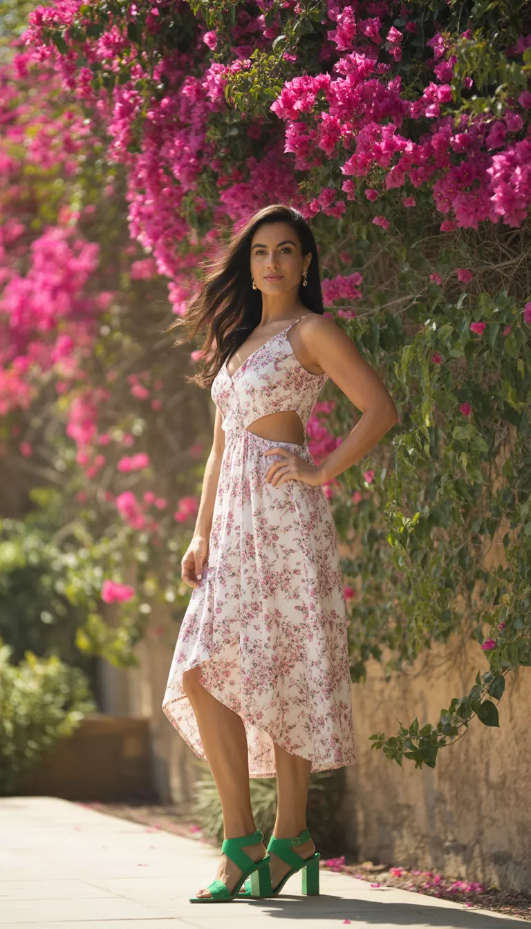 A beautiful woman in a white and pink floral asymmetric midi dress with cutouts and bright green heeled sandals, posing against a bougainvillea wall.