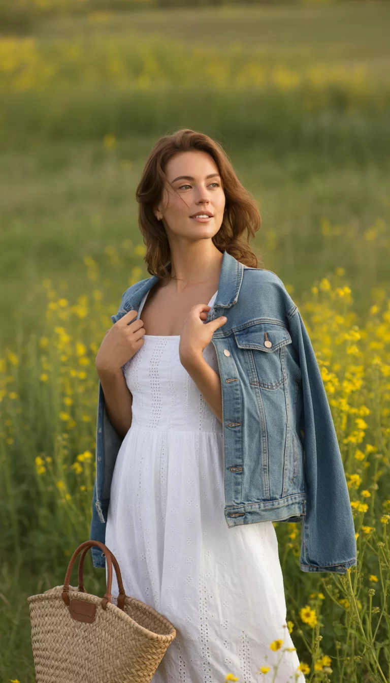 A beautiful woman in a white eyelet sundress, holding a denim jacket, with a large straw bag, standing before yellow wildflowers.