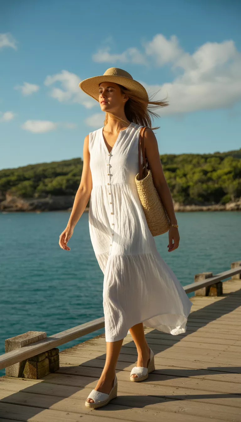 A beautiful woman in a white linen sundress with buttons, a wide-brimmed straw hat, and espadrille wedges, walking along a wooden boardwalk.