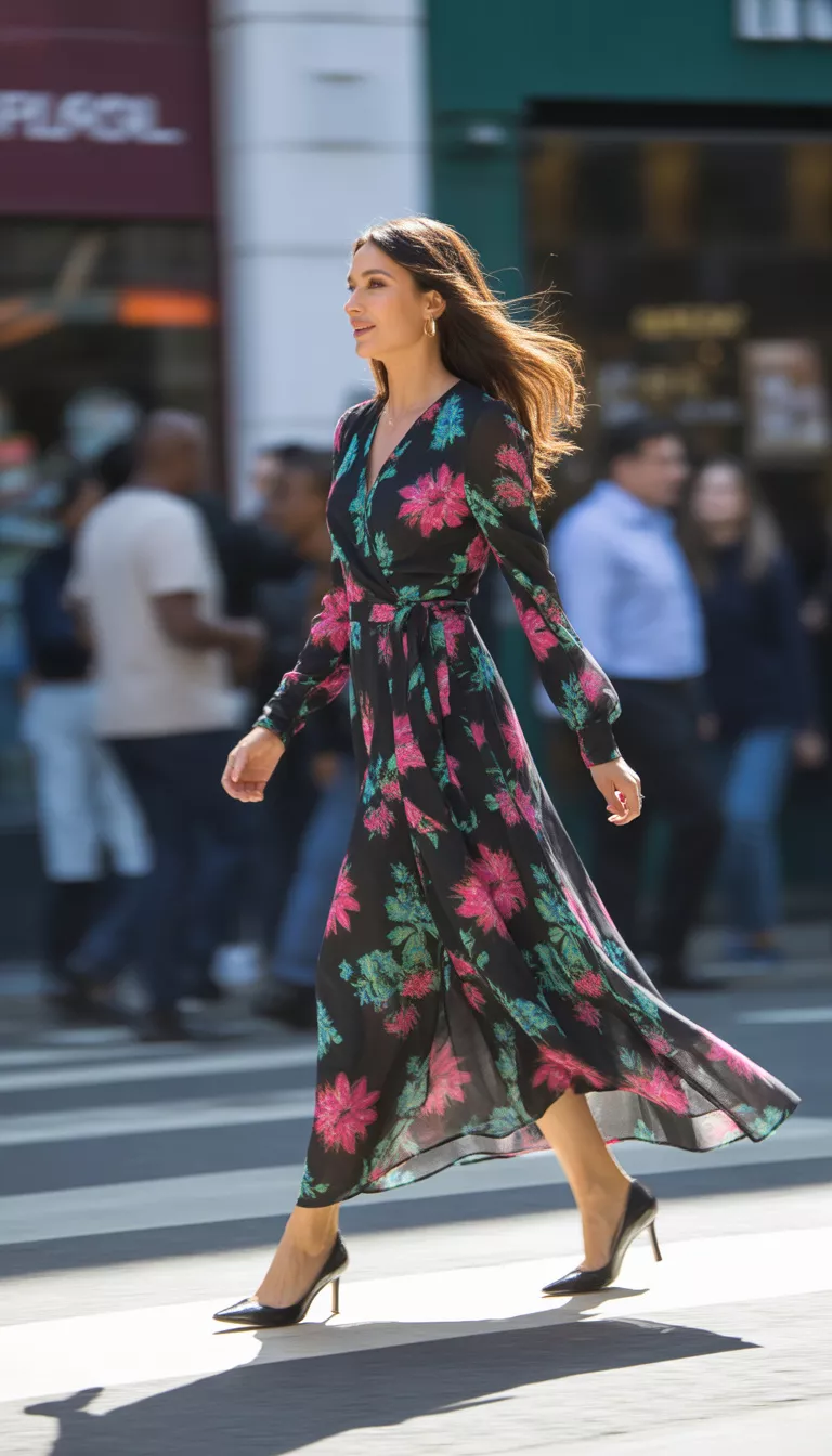 A beautiful woman in a long-sleeved black maxi wrap dress with a pink blue and green floral print and black heels, she walks down a city street.