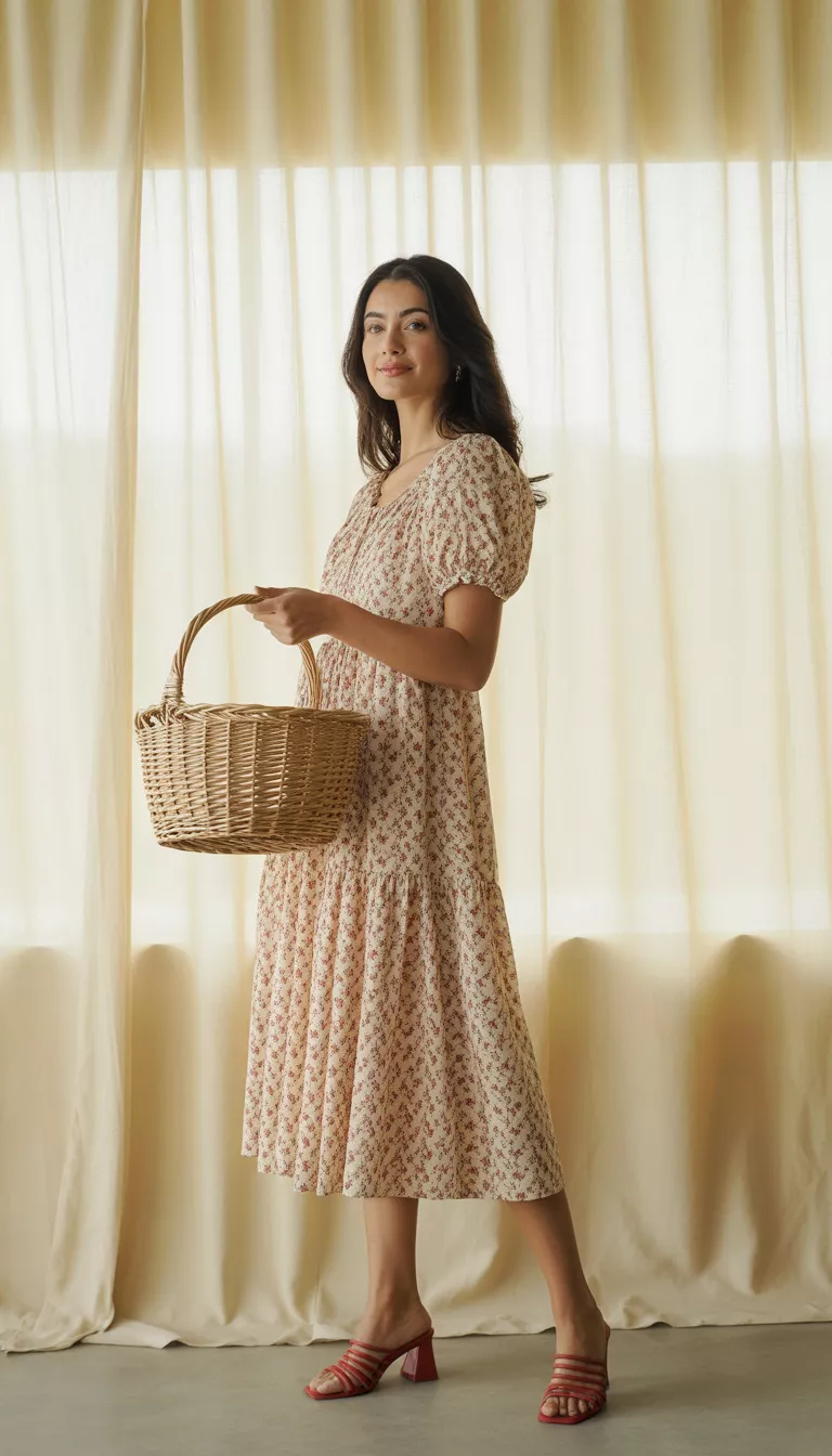 A beautiful woman in an off-white and red floral midi dress, a wicker basket, and red heeled sandals, she poses in a studio.