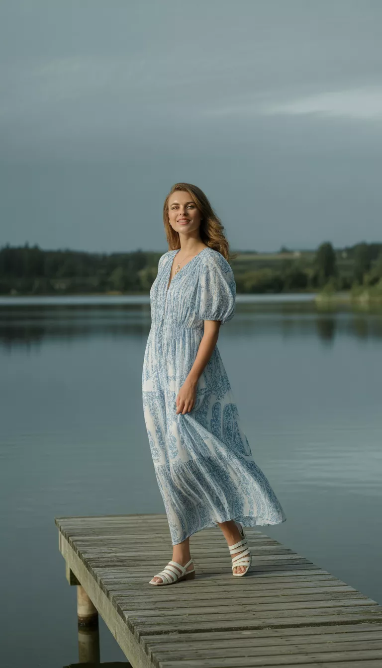A beautiful woman in a blue and white paisley maxi dress with puff sleeves and white strappy shoes, she stands on a wooden dock by a calm lake or river.