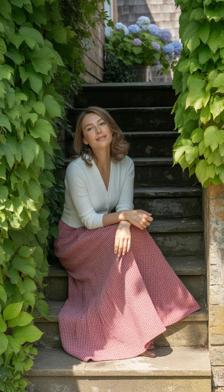A beautiful woman in a white cardigan and a long red and white gingham skirt, she sits outdoors on stone steps partially hidden by dense green ivy.