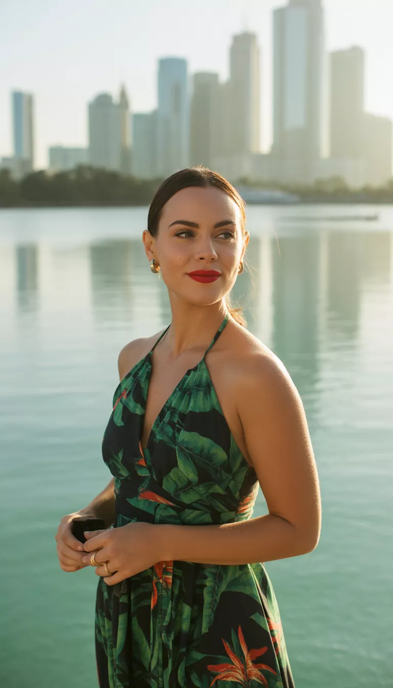 A beautiful woman in a dark green tropical print halter dress with red lipstick, she poses outdoors near water with a city backdrop.