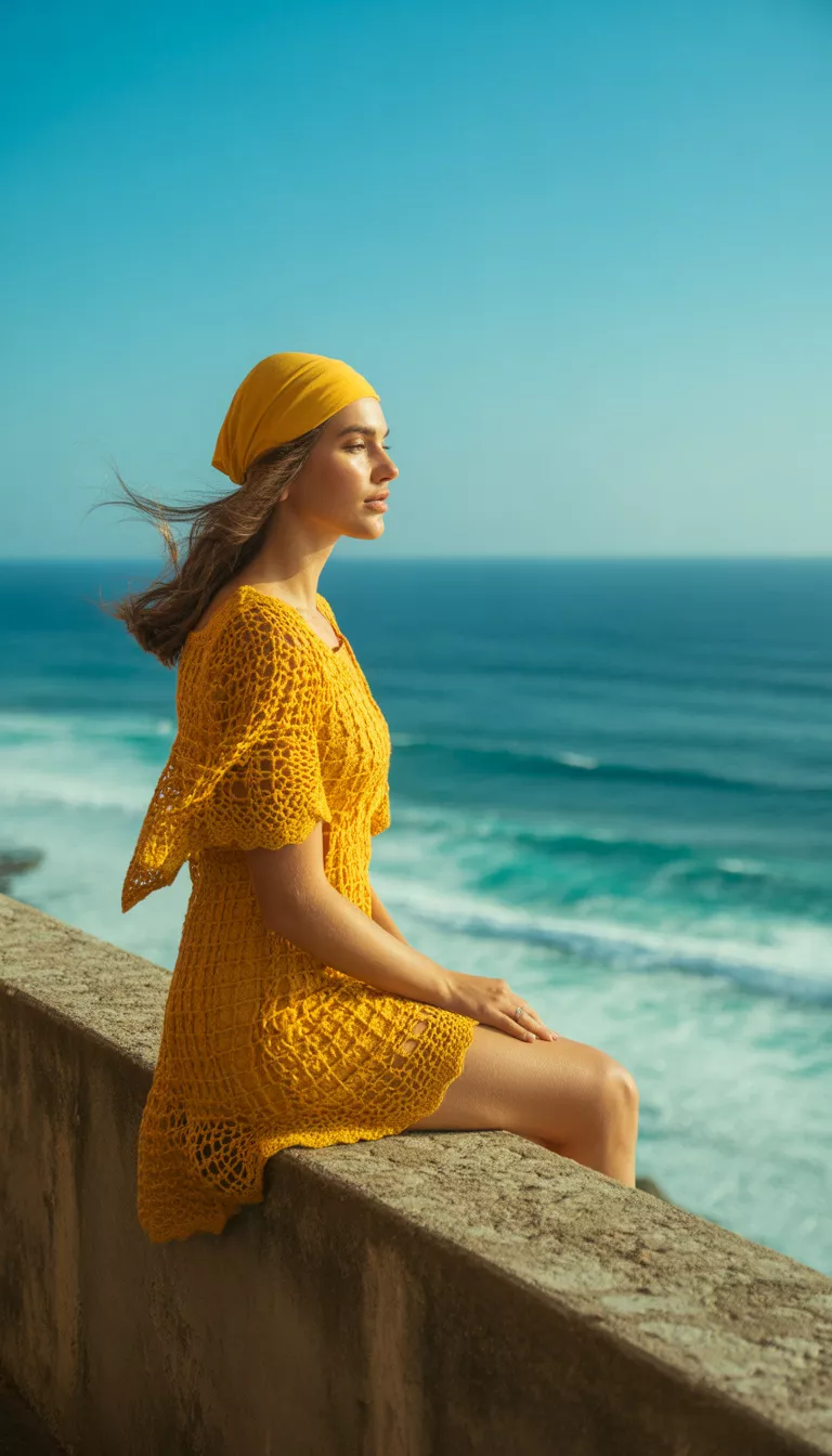 A beautiful woman in a bright yellow crocheted lace mini-dress and head scarf, she sits on a concrete ledge by the ocean.
