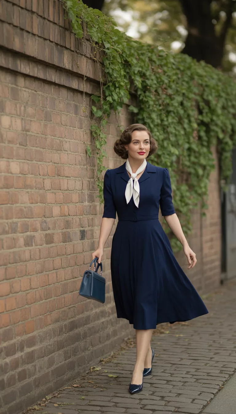 A beautiful woman in a navy blue 1940s-style knee-length dress, a white neck scarf, and a blue handbag, she strolls on a sidewalk beside an ivy-covered wall.