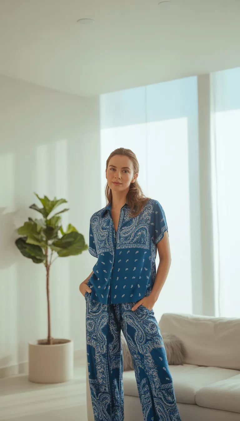 A beautiful woman in a blue and white paisley bandana-style top and wide-leg pants, she poses indoors against a white modern living space.