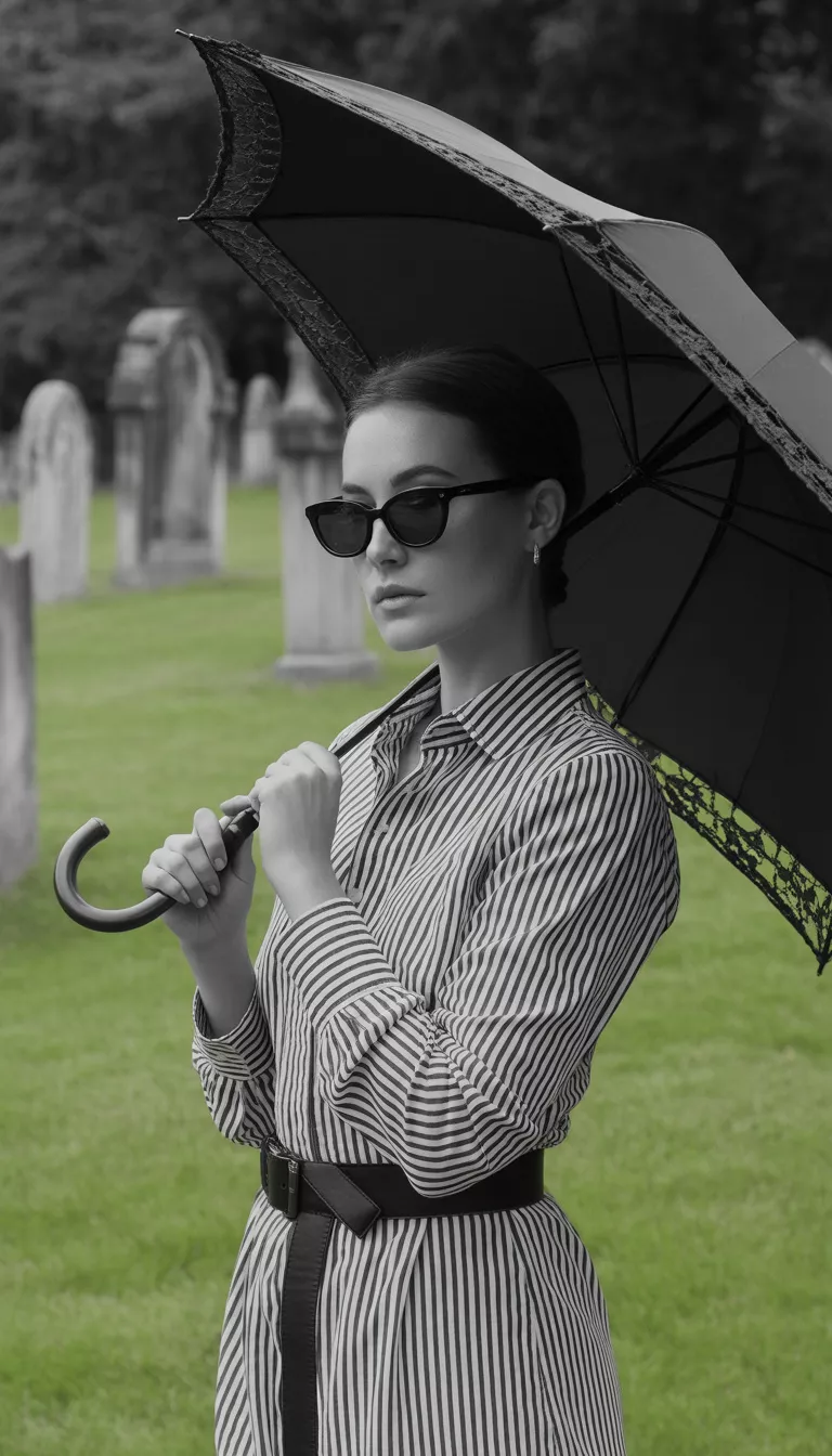 A beautiful woman in a black and white vertical stripe shirtdress, a dark belt, black lace parasol, and dark sunglasses, she stands in a grassy cemetery setting.