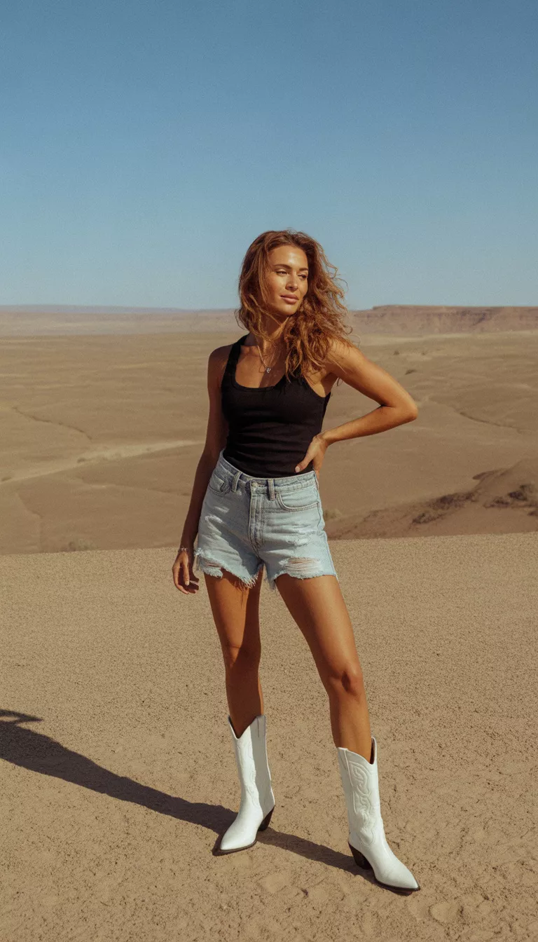 A beautiful woman in a black top and distressed light wash cutoff shorts, she wears white pointed toe cowboy boots while posing in a dry desert landscape.
