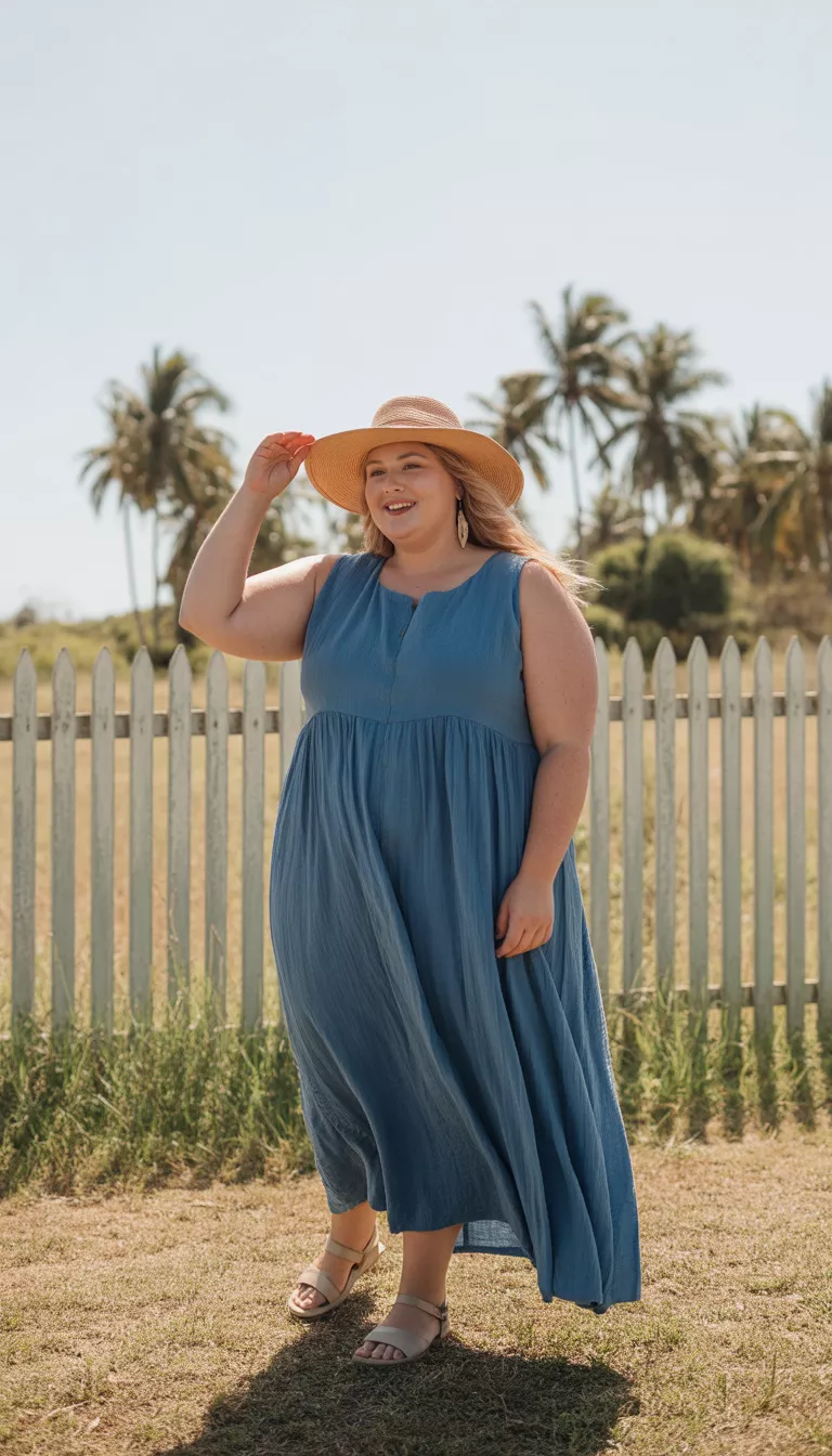 A beautiful plus size woman in a loose blue textured maxi dress, straw hat, and flat sandals, she stands in a dusty area near white fencing and palm trees.