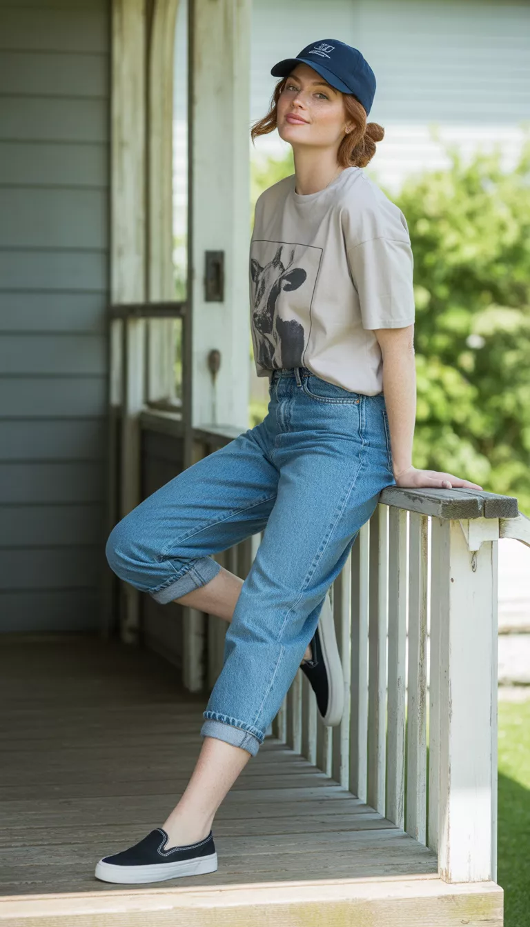 A beautiful woman in a cow graphic tee, high waisted cuffed jeans, and black and white slip on shoes, her hair is tucked under a baseball cap while posing on a porch.