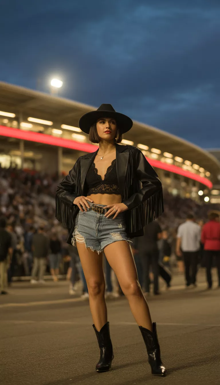 A beautiful woman in a black fringe jacket, black lace crop top, distressed denim shorts, black pointed cowboy boots, and a black hat, she stands outside a stadium.