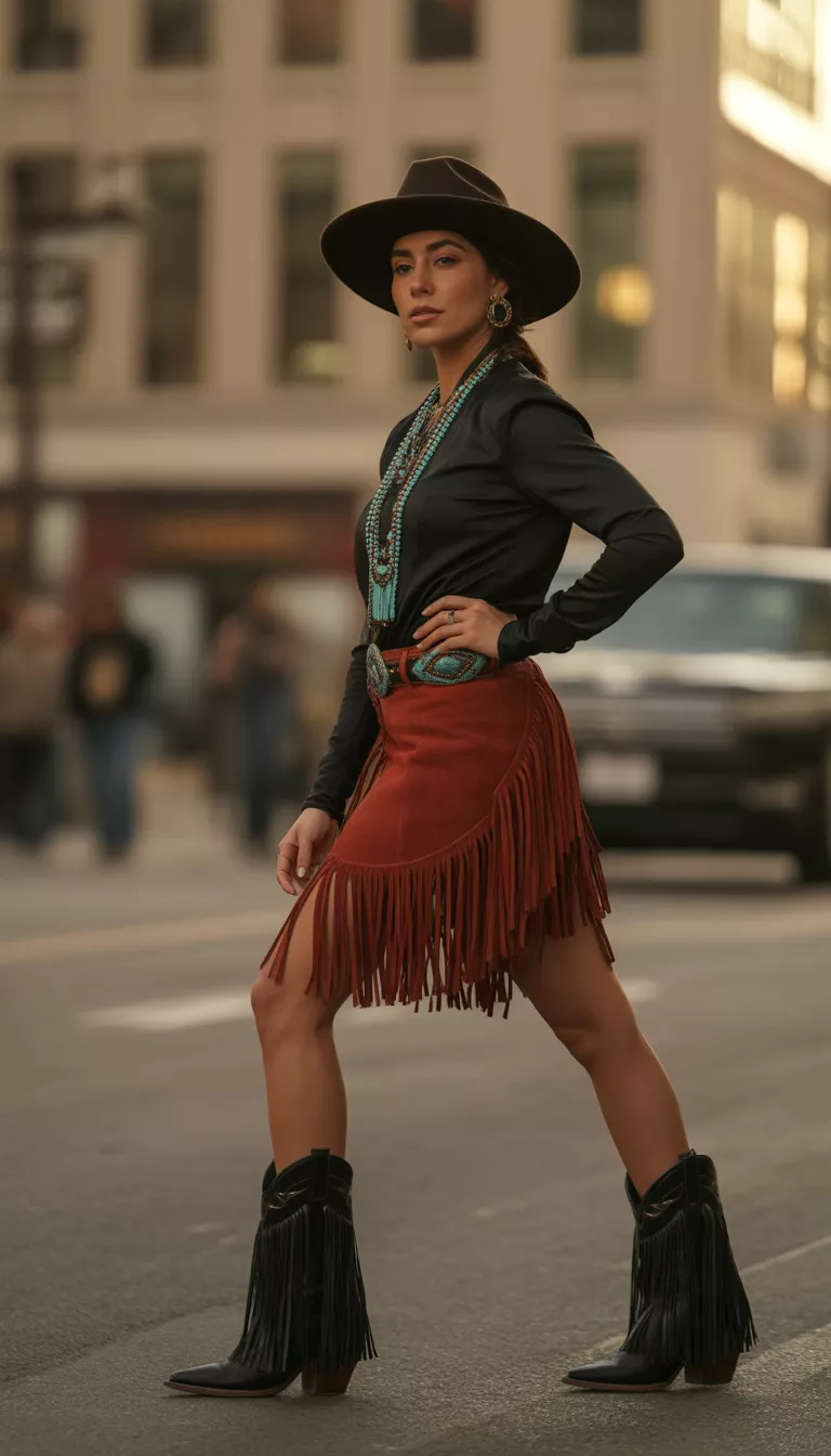 A beautiful woman in a fringed red suede skirt, layered turquoise jewelry, black long sleeve top, black fringed cowboy boots, and a wide brim black hat, she poses downtown.