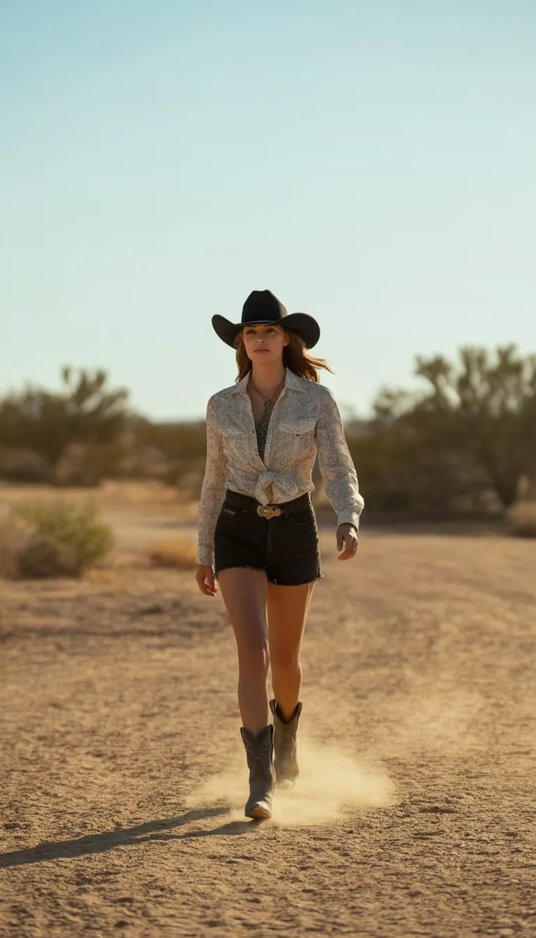 A beautiful woman in a black cowboy hat, patterned white button up shirt tucked into black denim shorts, and black cowboy boots, she walks down a dusty desert path.