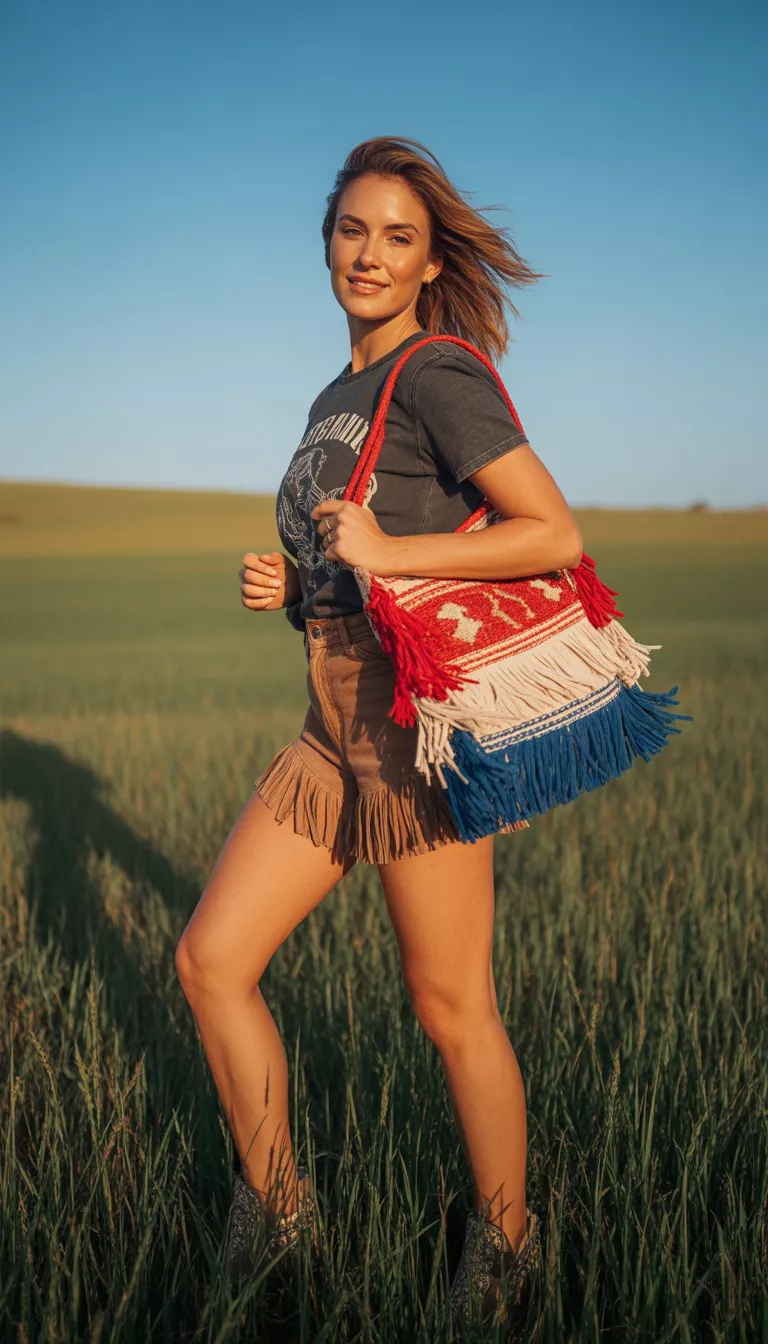 A beautiful woman in a dark graphic tee, short fringed brown shorts, ankle boots, and she carries a red white and blue fringed bag in a rural setting.