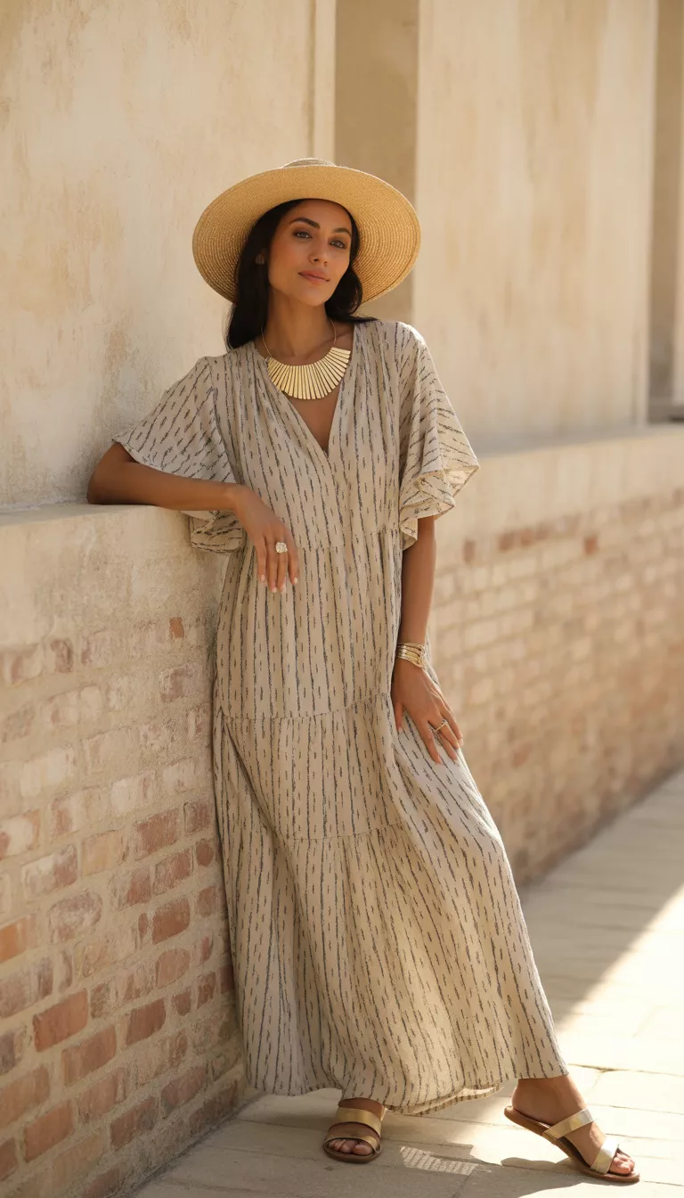 A beautiful woman in a beige and black patterned maxi dress with flutter sleeves, sandals, a straw hat, and bold jewelry, she poses against a distressed wall.