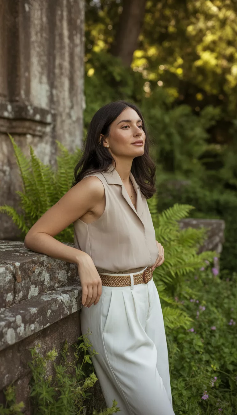 Earthy Neutrals And High Waisted Fits A beautiful woman in a beige sleeveless shell top, high waisted white wide leg trousers, and a woven brown belt, she poses outdoors near stonework and foliage.