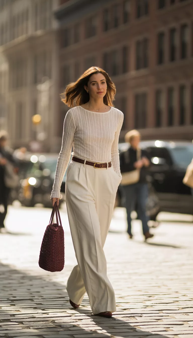 New York Cobblestone Chic A beautiful woman in wide white trousers, a white fine-knit long-sleeve top, a dark brown leather belt, and a burgundy woven bag, she walks on cobblestones in New York City.