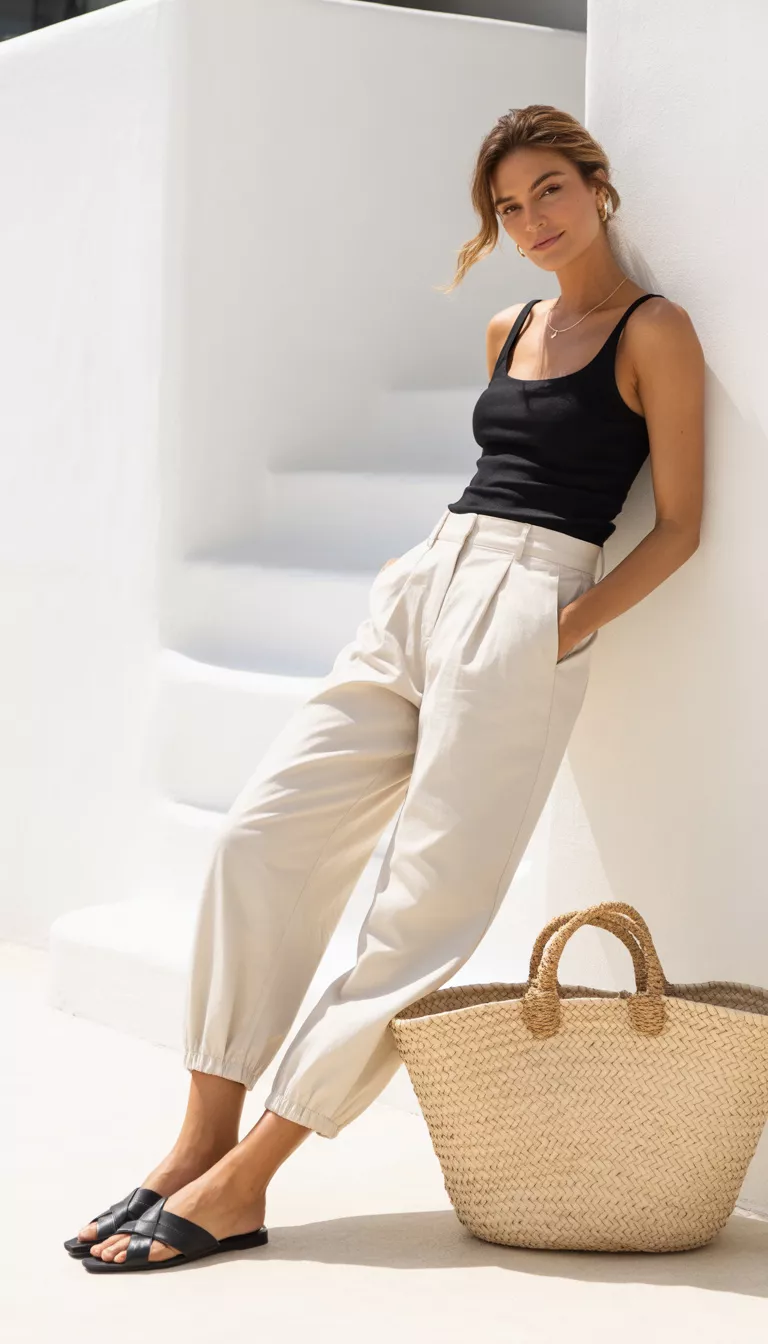 The Giant Straw Tote Aesthetic A beautiful woman in a black tank top, slouchy gathered-cuff white trousers, a large woven straw tote bag, and black flat sandals, she poses against a white wall.